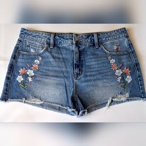 Time and Tru Blue Jean Shorts with Distressed Floral Design - 14